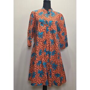 Zuri Womens Dress Medium Orange Blue African Print Shirt Dress Cotton lagenlook